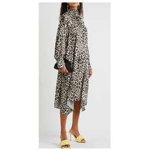 Leopard Print Long Sleeve High-Neck Dress - Neutral